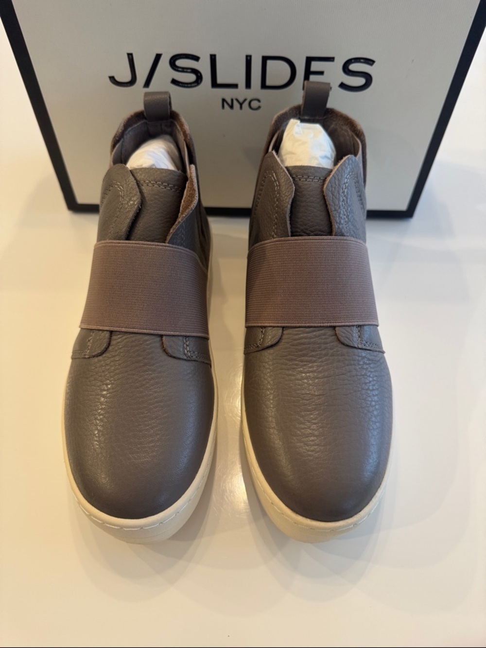 J/SLIDES Taupe Leather Slip-On Sneakers with Elastic Strap